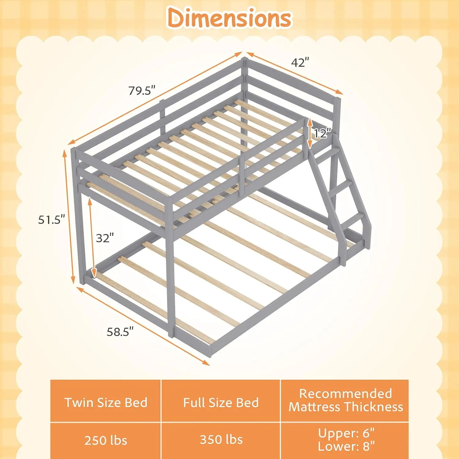 Solid Wood Low Bunk Bed Twin Over Full with Built-in Ladder & Guardrails, Space-Saving Kids Teens Bedroom No Box Spring Needed,