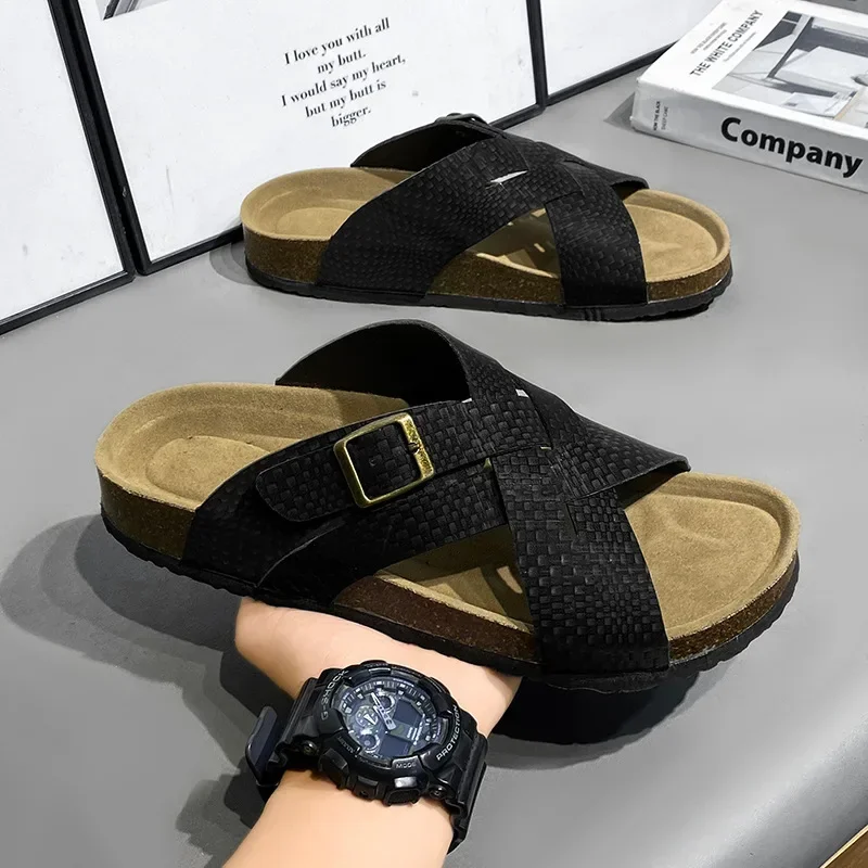 

Beach Casual Sandals Slippers Men's Fashion Cork Sole Flip Flops Summer Outdoor Anti-slip Thick Bottom Half Slippers Men Shoes