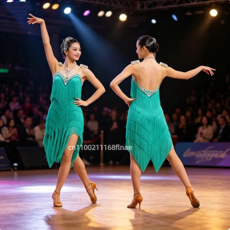 New Professional Art Level Latin Dance Competition Floral Costume Advanced Dance Stage Table Performance Practice Tassel Skirt