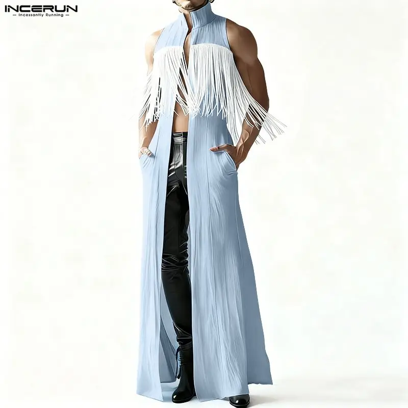 INCERUN Men Long Style Shirt Tassel Patchwork Lapel Sleeveless Open Stitch Male Cardigan Tops Streetwear Fashion Men Clothing