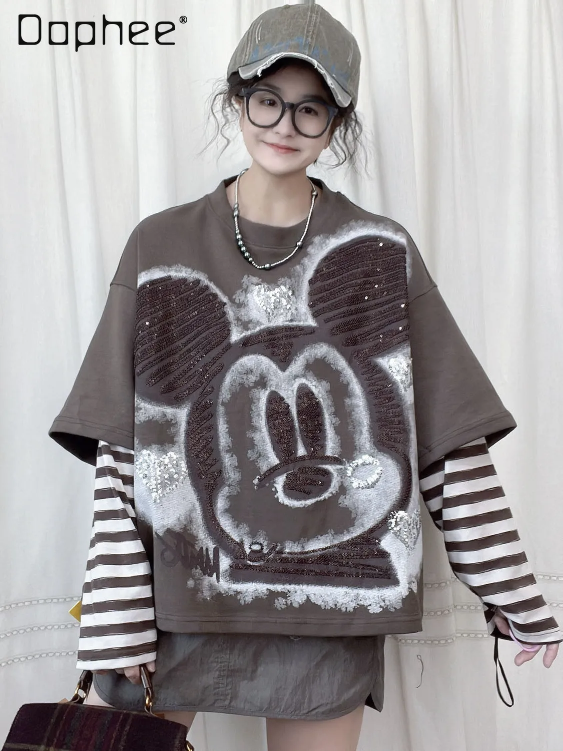 

2025 Autumn New European Style Loose Fake Two-piece Long Sleeve T-shirt Women Cartoon Sequins Oversized T-shirt Round Neck Tee