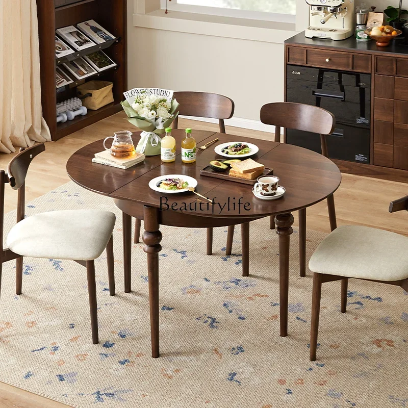 Nordic solid wood round table dining table and chair combination household black walnut retractable folding dining table