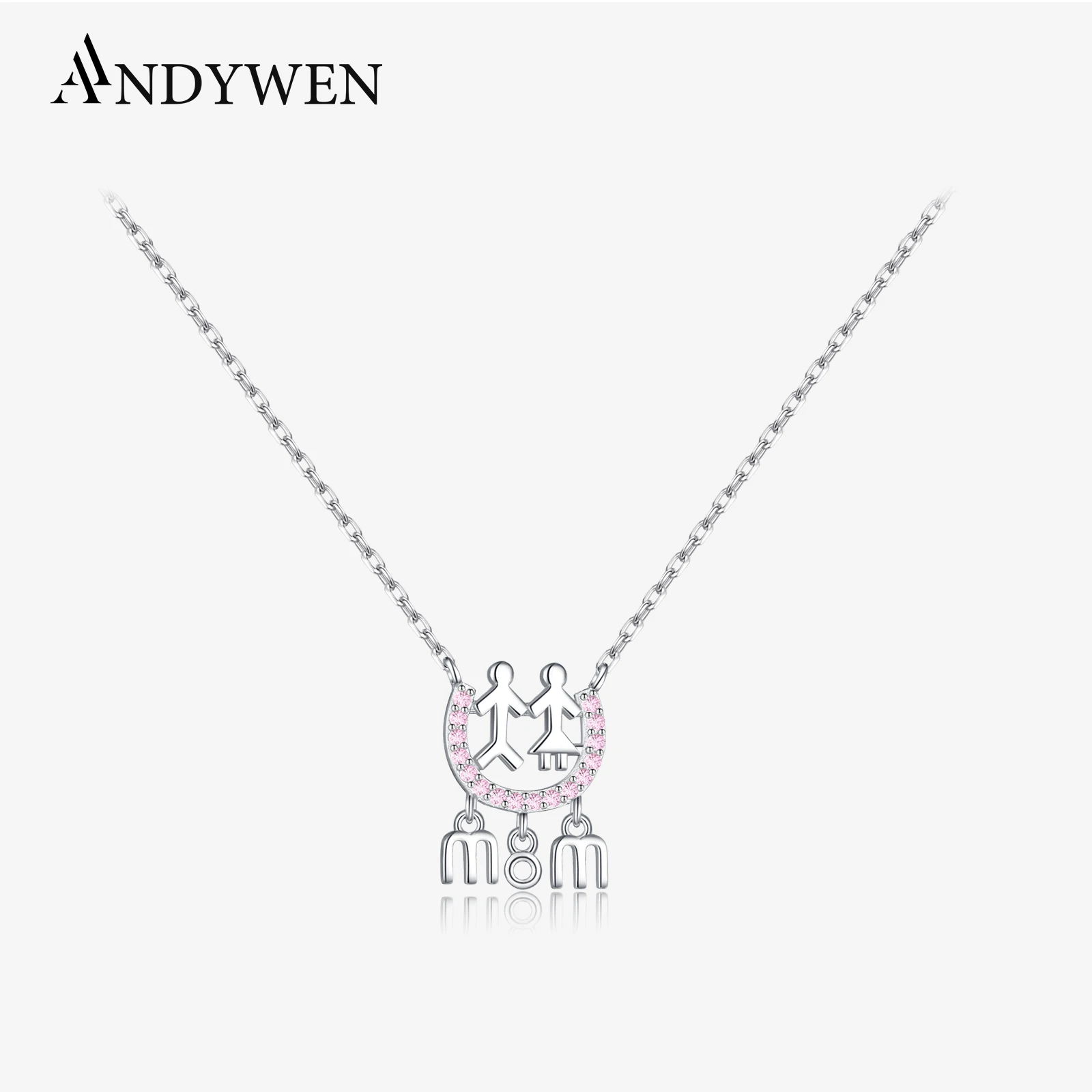 

ANDYWEN 925 Sterling Silver Mom & Figure Pink CZ Zircon Necklace Family - themed Style Jewelry, Perfect Gift for Mother's Day