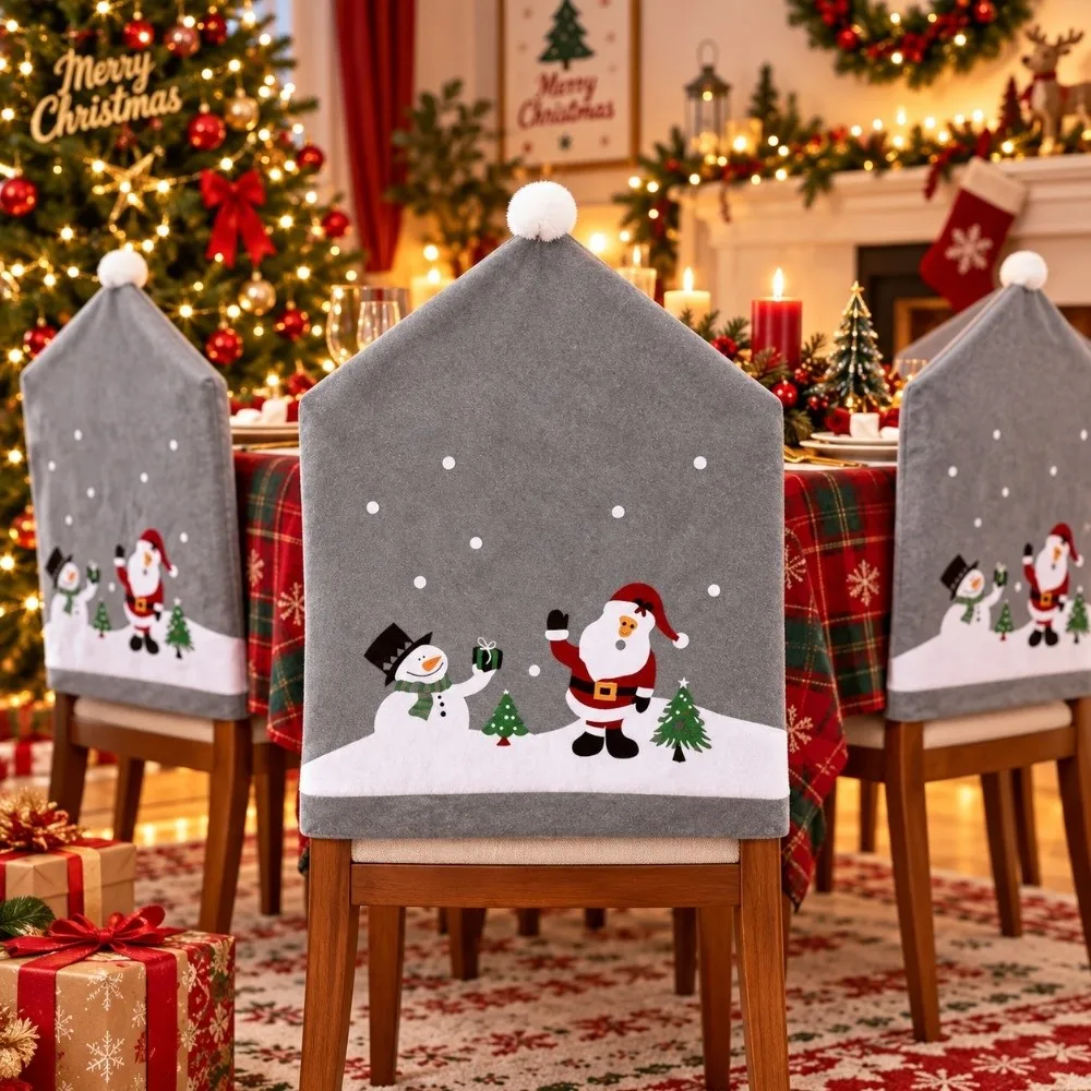 Santa Claus Christmas Chair Cover Stripe Grid Snowman Chair Protective Slipcover New Year Dining Chair Cover Family Gathering