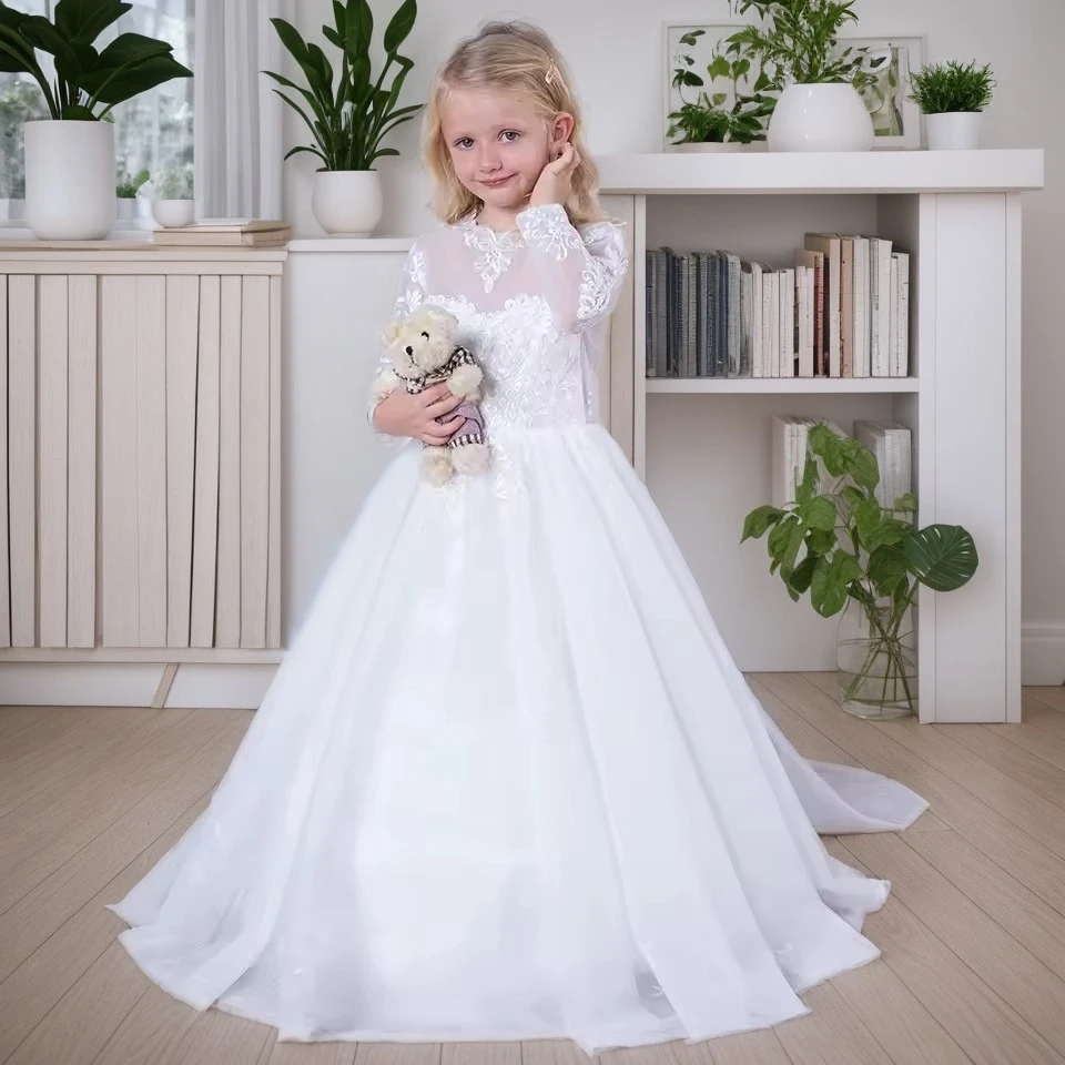

MisShow Little Bridesmaid Dresses Ivory Illusion Lace Appliques O-Neck Long Sleeves Flower Girl Dress Bow Tulle Train Party Gown