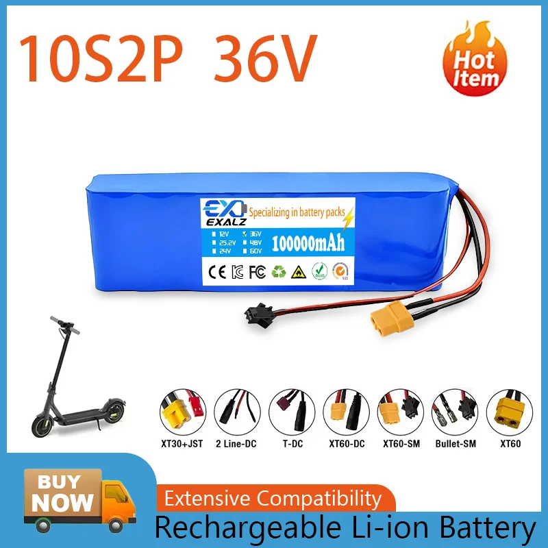 

10S2P 36V 100000mAh Electric Scooter Battery 500W Lithium-ion - Rechargeable, Durable Safe Design for Long Range Riding