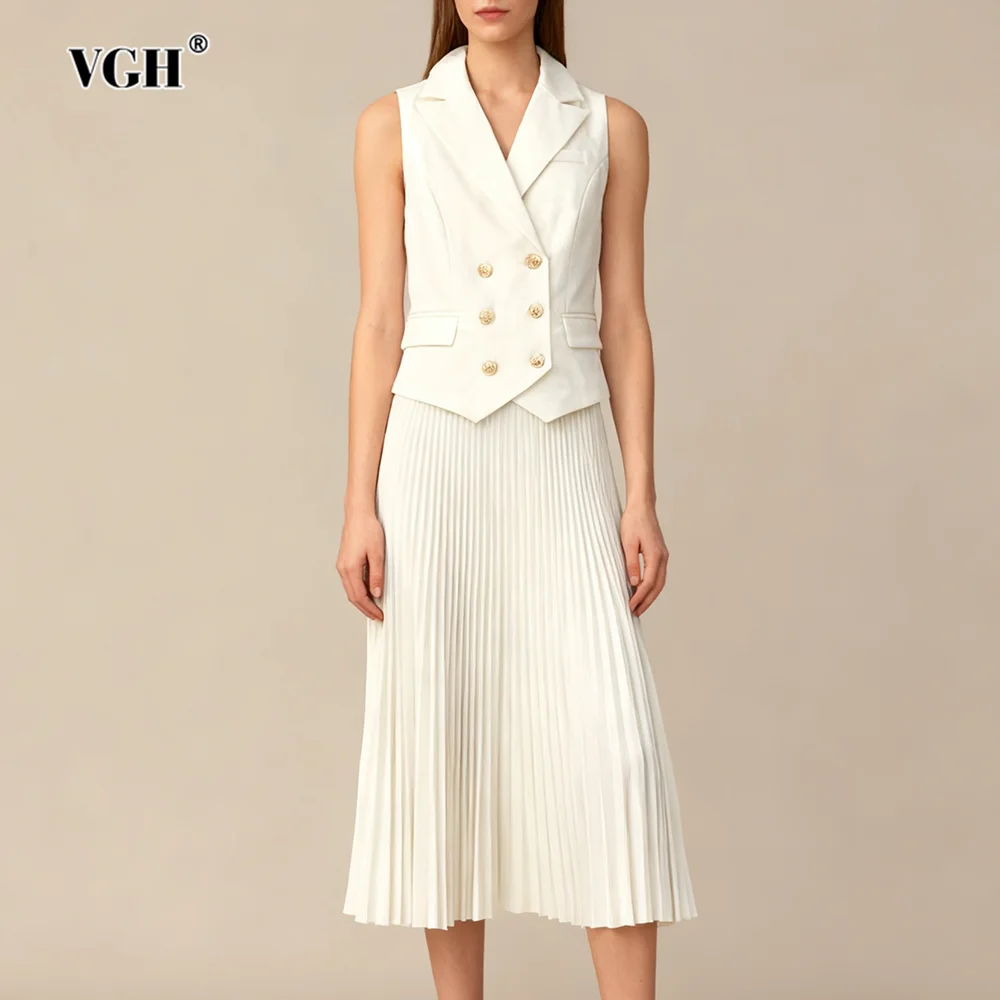 

VGH офисный минималистичный комплект из двух предметов для женщин, жилет без рукавов с лацканами, высокая талия, темпераментные плиссированные юбки, модный женский наряд