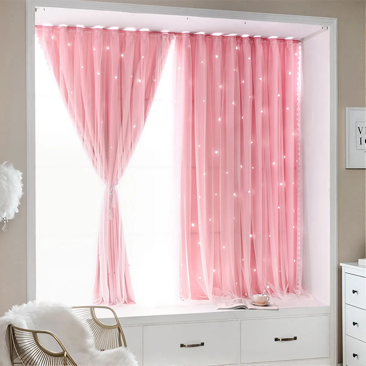 2Pcs Pink Star Cutout Sheer Curtains Ins Girly Style Double Layer Lace for Princess Bedroom Bay Window