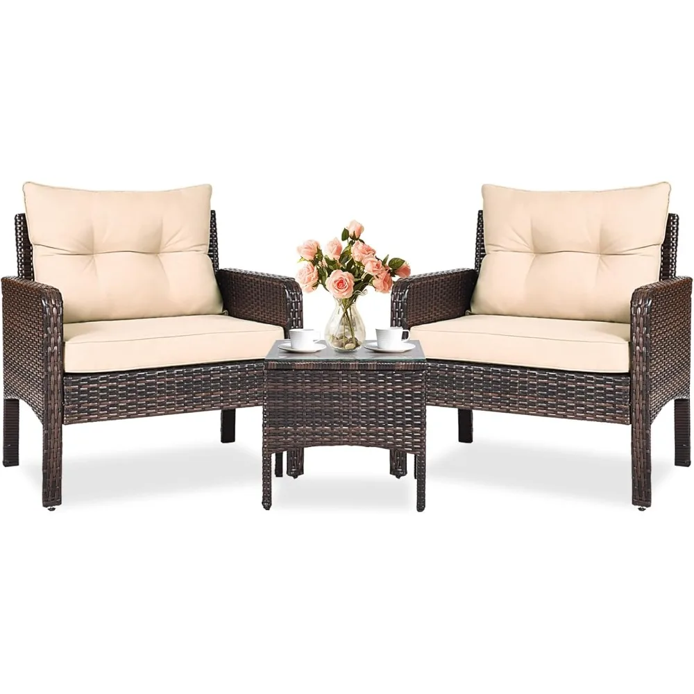 

3-piece terrace furniture set, outdoor wicker conversation bar set with 4 cushions, all-weather PE rattan furniture set