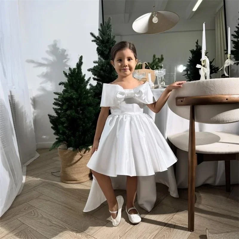 Custom Luxury White Off Shoulder Big Bow Trailing Train Satin Flower Girl Gown Pageant Runway Guest Bday Kids Wedding Short Part