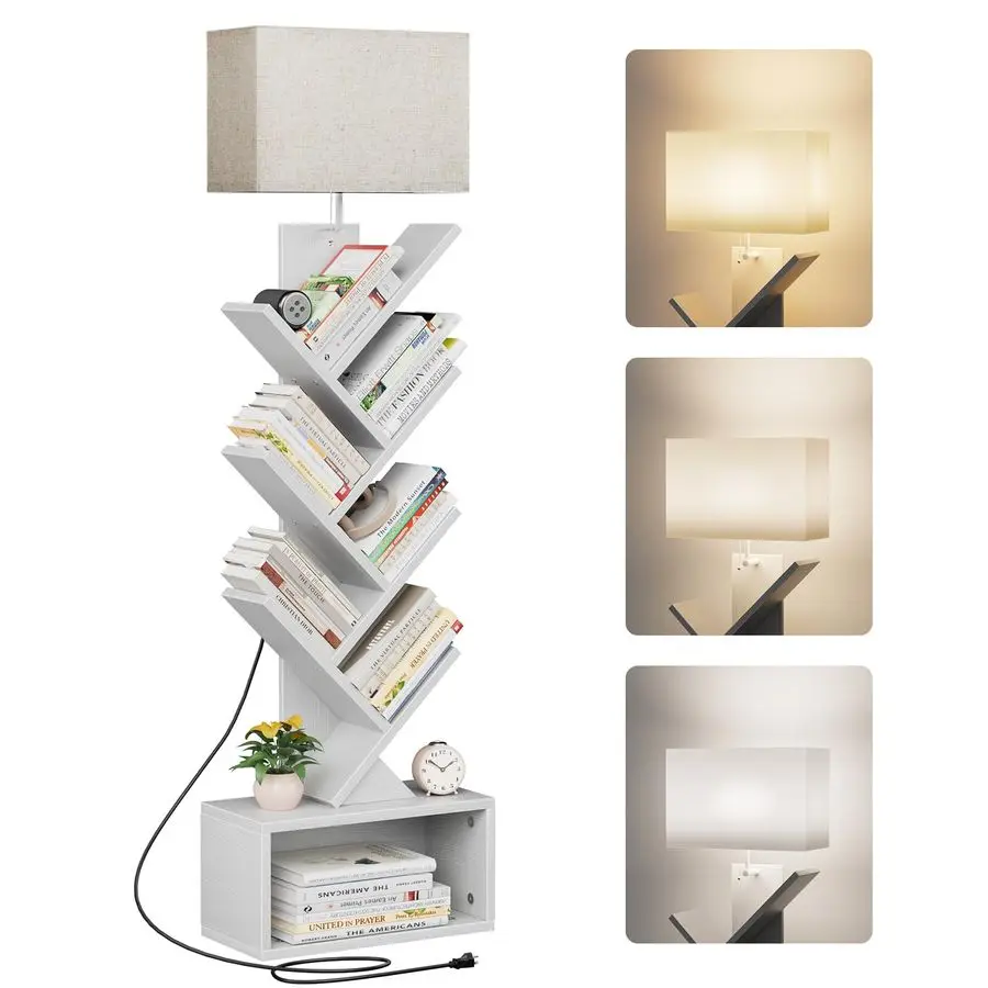 

6 Tier Tree Bookshelf with Light, Narrow Bookcase Tower, Tall Floor Standing Book Shelf Organizer with Storage Cabinet for Livi