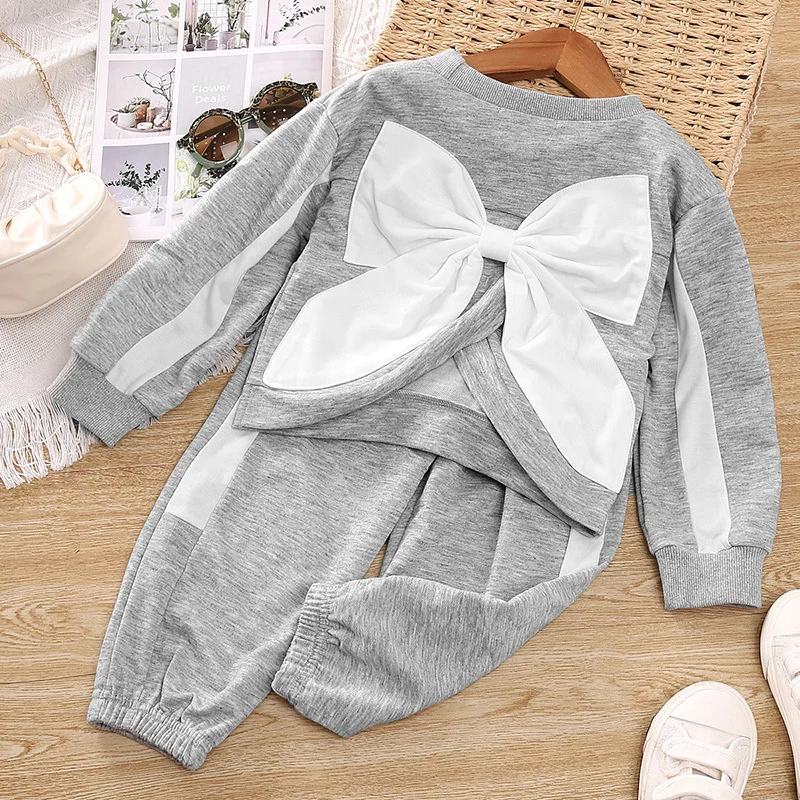 2023 Autumn New 1-4 Years Bow Halter Top + Grey Trousers Stylish Girls Suits Cute Casual Korean Style Sets