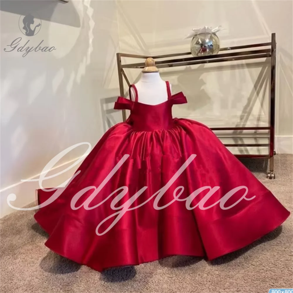 Red Stain Spaghetti Straps For Wedding With Long Train Flower Girls Dress Pageant Party Gown with Big Bows