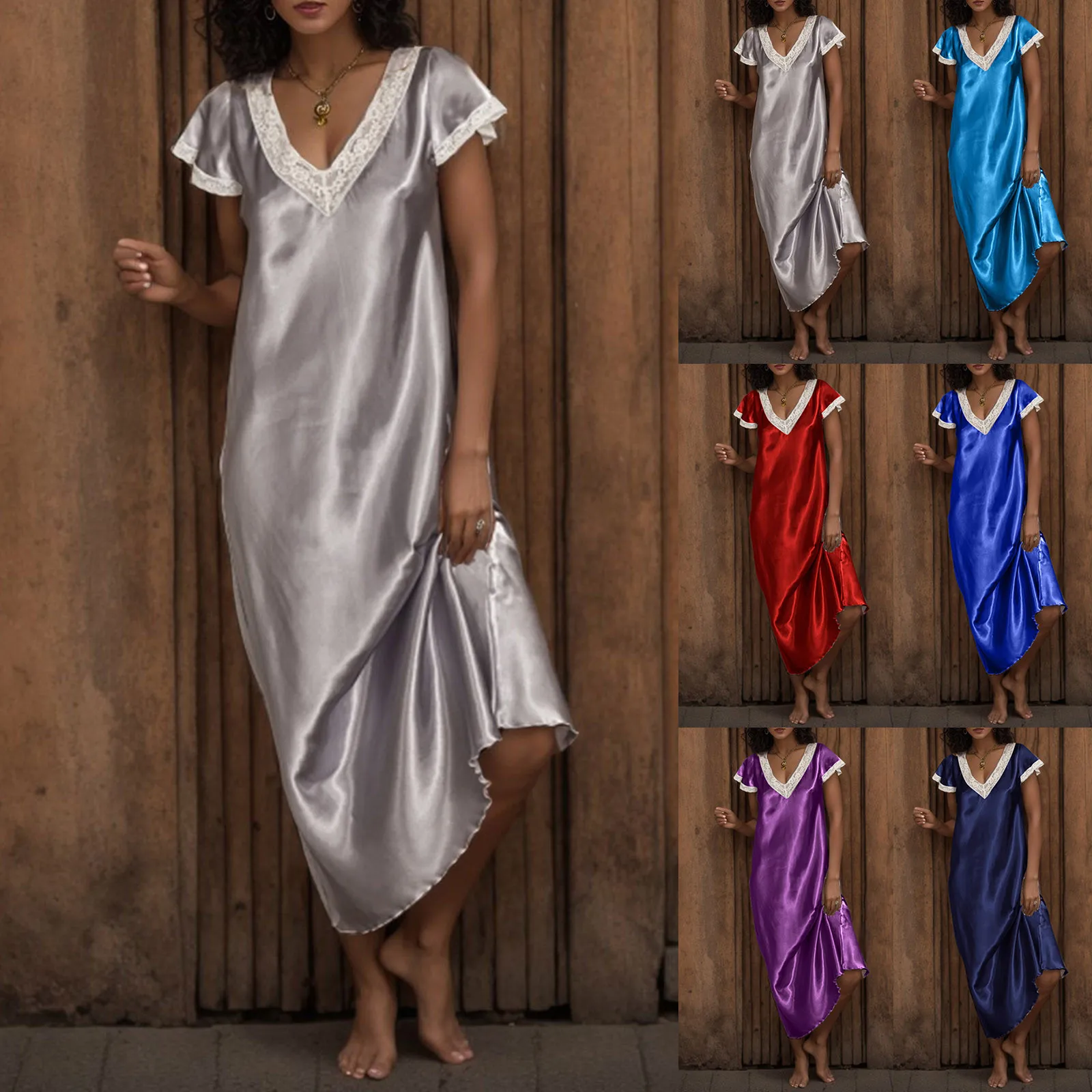 

Sexy Women Romantic Satin Sleepwear Nightgown Slim Body Deep V Nightwear Charming Nightdress Wild Sleepshirts New Nighties