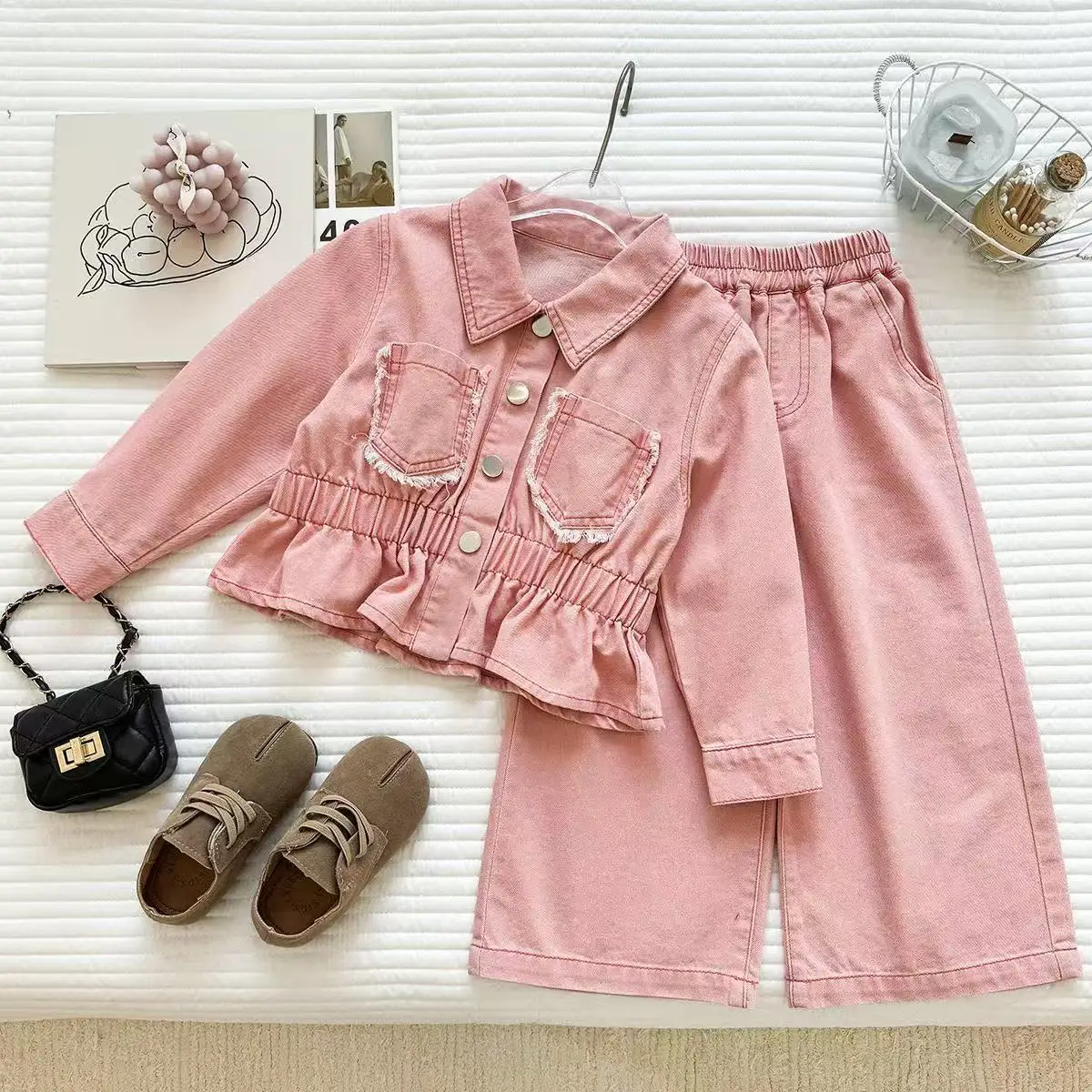 

Spring Autumn Girls 2Pcs Outfit Korean Style Denim Jacket & Wide Leg Pants Casual Set for 90-150cm