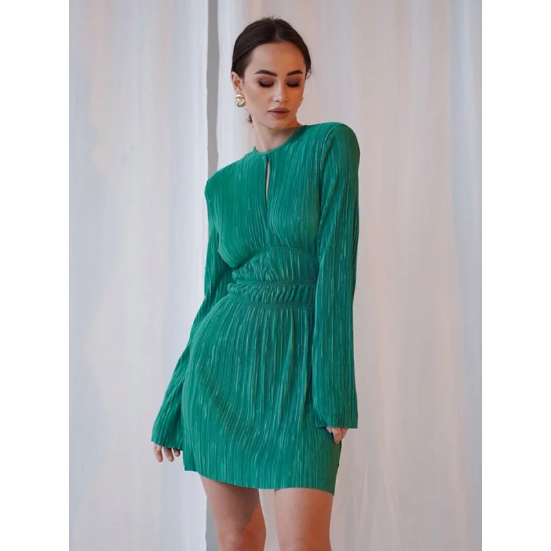 

2024 Spring Commuter Green Pleated Dress Women's Design High Waist Slimming round Neck Long Sleeve A- line Dress Fengsb