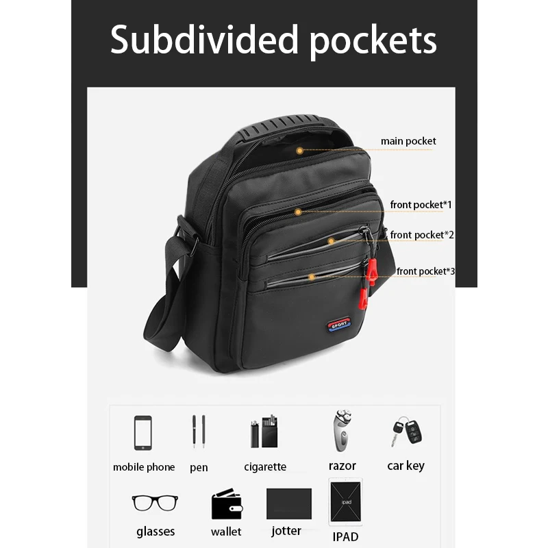 Klassische Sport-Umhängetasche mit mehreren Taschen, strapazierfähige, wasserabweisende Nylon-Umhängetasche für Herren, für den Alltag und Freizeit – Detail 7