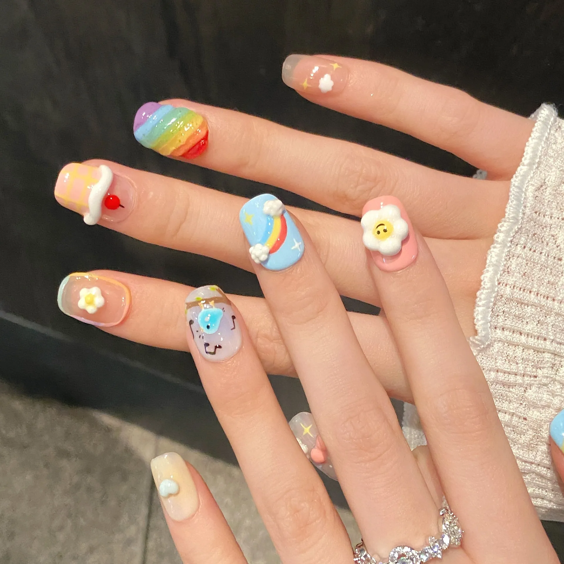 10 Stück reine handgepresste kurze quadratische Nagelkunst, schöne künstliche Nägel, farbenfroher Sommer, Regenbogen, Wolken, Liebe, Kirschen, ideal für Frauen, niedlich – Detail 3