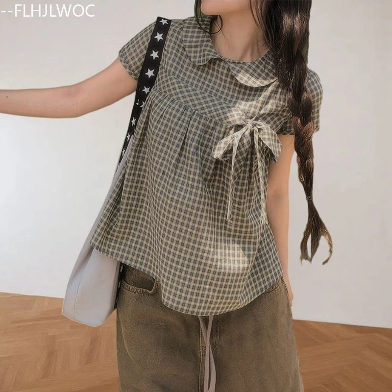 Kurze Baumwollmischungen Tops Blusen Süße süße Mädchen Sommer Casual Retro Vintage Peter Pan Kragen Top Fliege Plaid Shirts