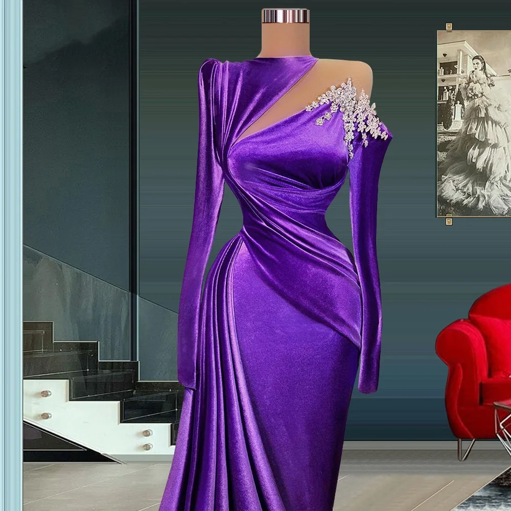 

WL031Purple Velvet Long sleeve slimFishtail Evening Dresses