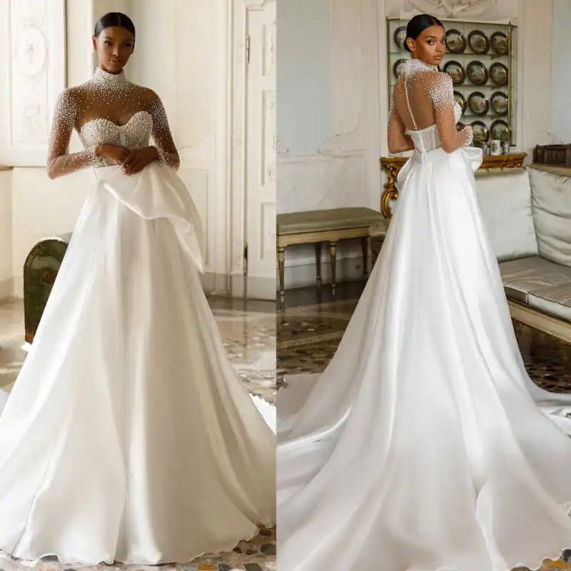 

Princess High Neck A Line Bridal Gowns Long Sleeve Sweep Train Wedding Dresses Pearls Vestidos De Novia Custom Made