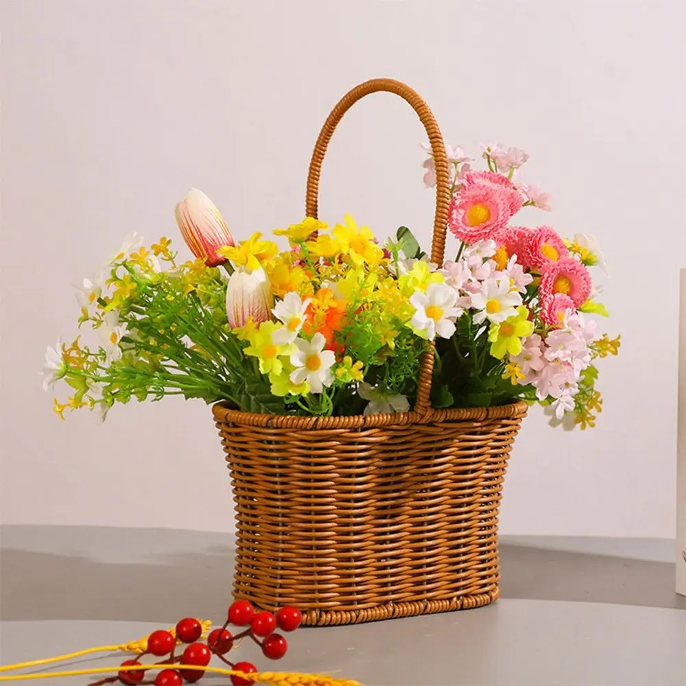 Gift Imitation Rattan Handhold Weaving Basket with Handle Home Decoration Hanging Basket Brown Toilet Rack Braid Storage Baskets
