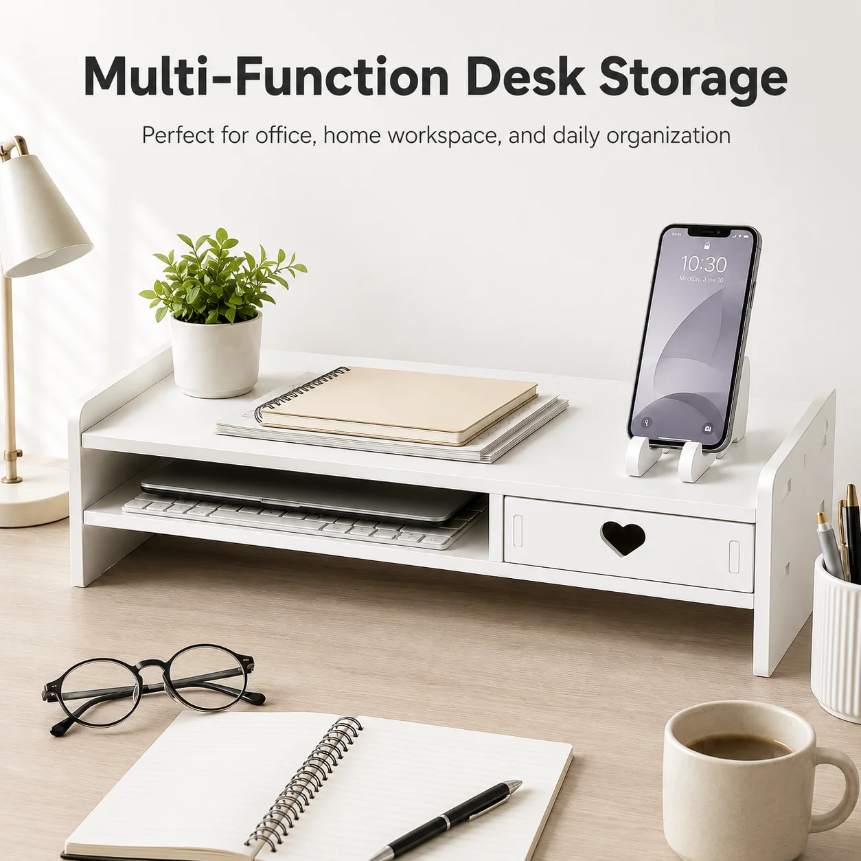Heart shaped drawer display stand with phone holder, white double-layer desktop storage rack, suitable for laptops
