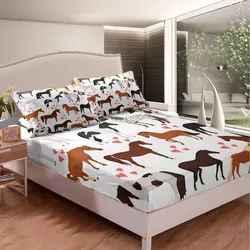 Horse Fitted Sheets Twin Size Kids Teens Cute Animal Bedding Set Cartoon Horses with Pink Love Heart Decor Kawaii Cowboy Cowgirl