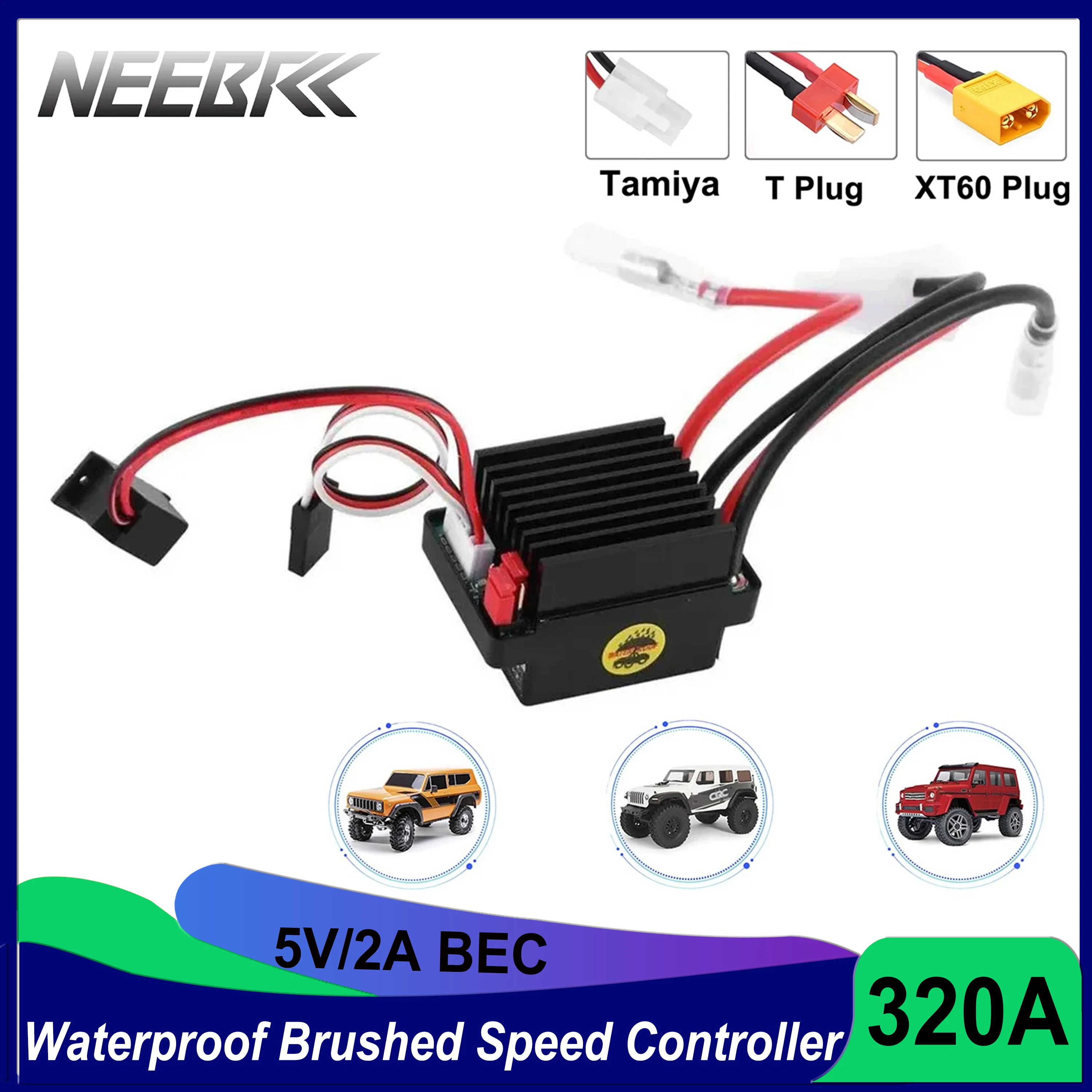 

NEEBRC 320A Waterproof 5V/2A BEC 60A Electronic Speed Controller 2-3S Brushed ESC for 1/10 RC Crawler Car Motor TRX AXIAL HSP