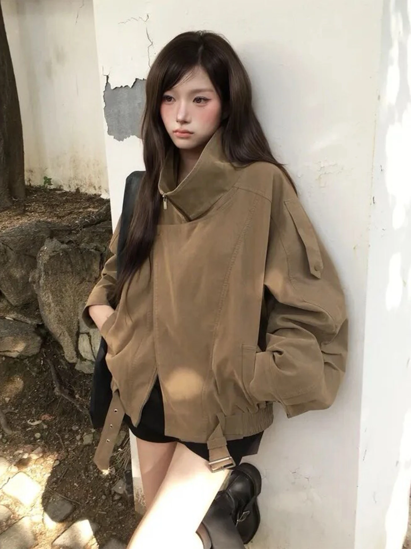 Kaki Color Belted Women's Windbreaker Coat Vintage Style Regular Length Polyester Fiber 100% Autumn New Fashion Ladies' Coat