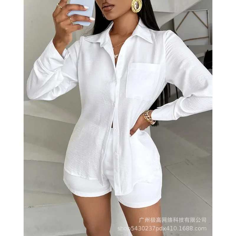 Temperament New Arrivals Design Spring Summer Women's Clothing Solid Color Polo Collar Single-Breasted Casual Shirt Top Shorts