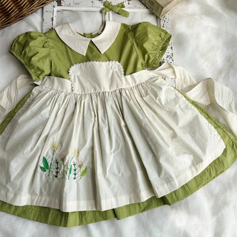

summer new handmade vintage Mori embroidered apron girls short-sleeved dress f;ower girls boutique dress