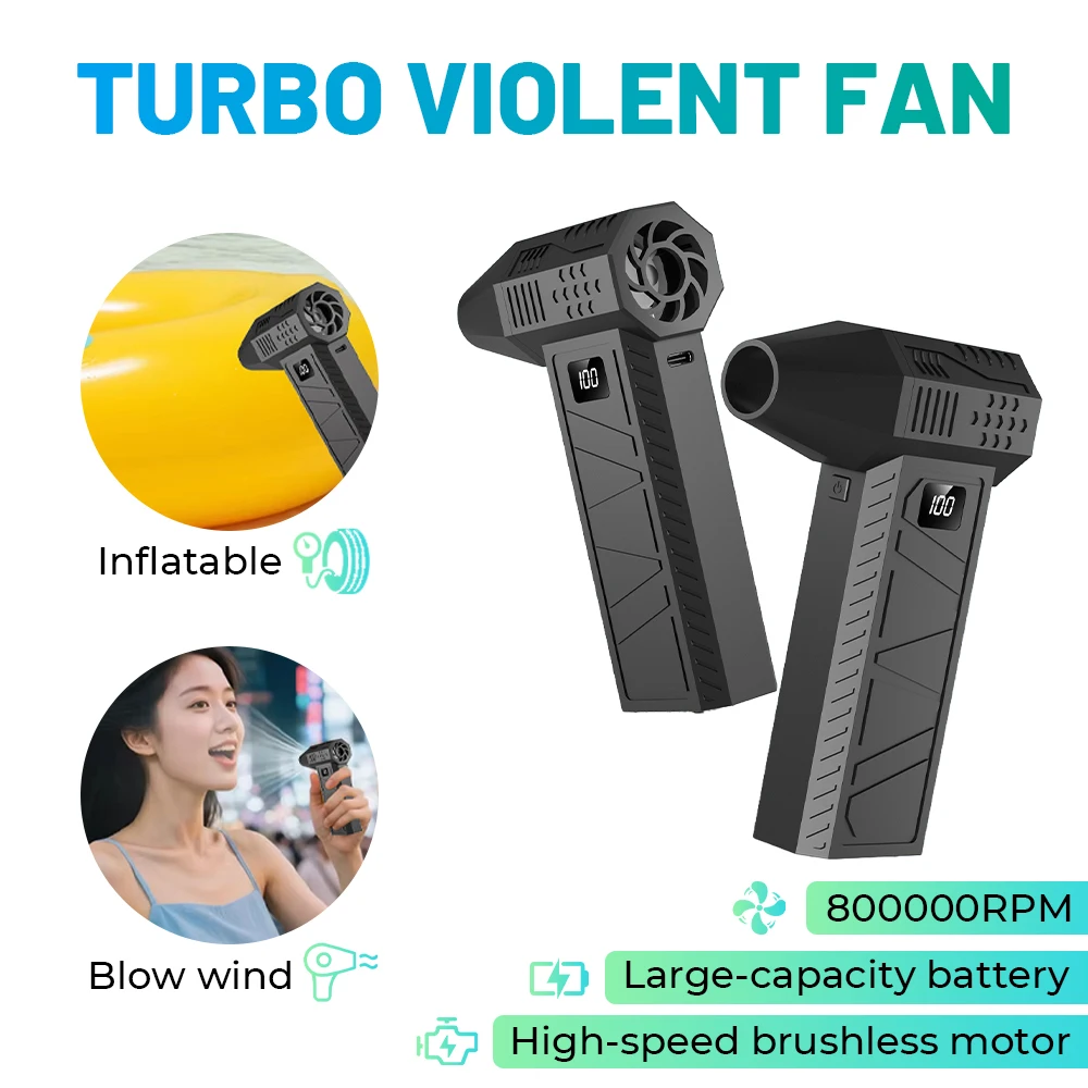 Wiatrak 800000RPM, mocny dmuchawa powietrza z cyfrowym wyświetlaczem, turbo jet fan, siła nacisku 350G, przenośny dmuchawa, ładowanie Type-C, silne wiatry 60m/s