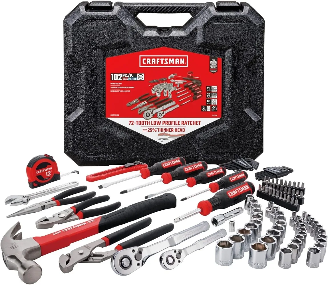 102-Piece Tool Kit for Home and Car, Durable Hand Tool Set with SAE/Metric Sockets (CMMT99449)