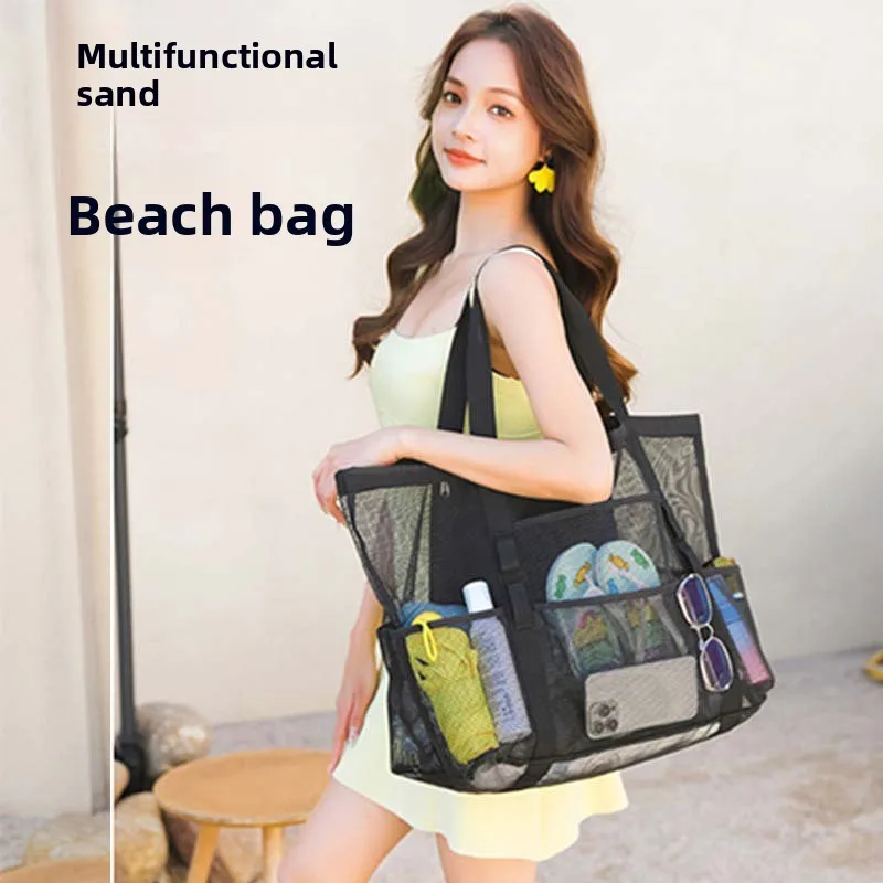 Große Strandtasche mit mehreren Netzfächern, leichte, schnell trocknende Schultertasche für Reisen, Outdoor-Aktivitäten und Schwimmausflüge
