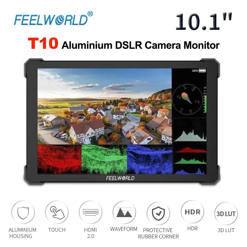 

FEELWORLD T10 10.1 Inch Aluminium DSLR Camera Field Monitor Touch Screen 4K HDMI-compatible NP-F External Install and Power Kit