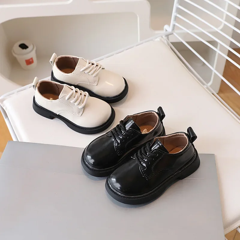 British Style Boys Leather Shoes Round Toe Lace-up Girls Shoes Black White Kids Performance Formal Shoes Fashion School Loafers