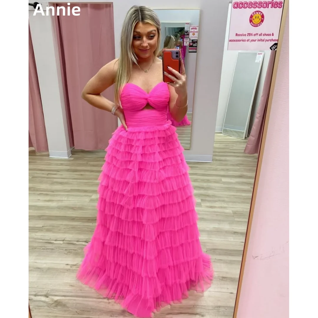 Annie Multi-layer Tulle Prom Dresses Ruffled Hot Pink Fairy Evening Dresses Off-shoulder Women Vestidos De Fiesta Customized