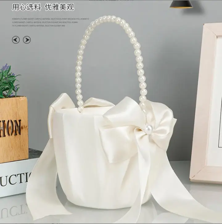 1pc Wedding Flower Girl Basket With Pearl Handle For Wedding Bridal Party Valentine's Day Romantic Night Proposal Decoration image 5