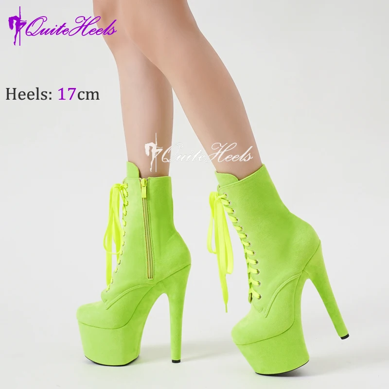 Faux Suede 17cm Pole Dance Shoes Stripper Heels Platform Women Ankle Booties Models Catwalk Lady Knight Boots Lace-up Zip