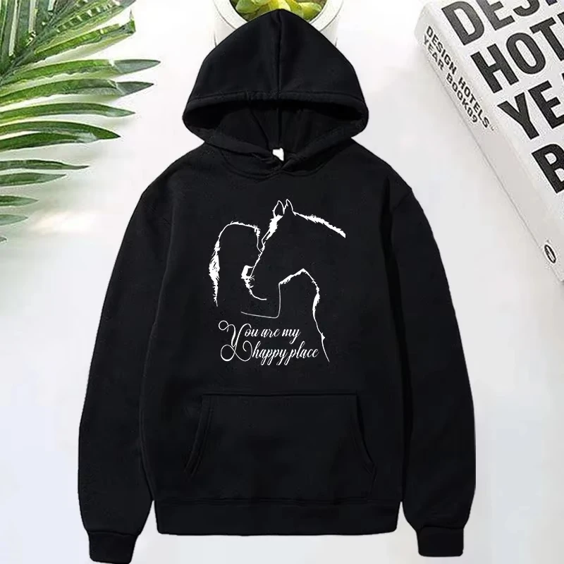 

2025 New Fashion Horse and Girl You Are My Happy Place Hoodie Autumn Winter Fleece Long Sleeves Pullover for Women Round Neck