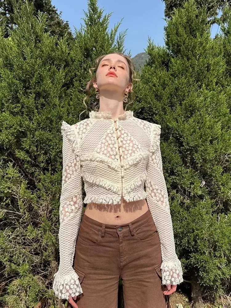 

Ele Long Sve Кружевной крючок с вышивкой Flower irt Heavy Work Commute Sle Корейская версия Slim Fit из полиэфирного волокна irt