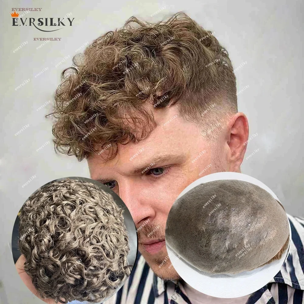 

Мужской парик-накладка 20 мм, кудрявый, пепельно-русый, европейский, 100% натуральные человеческие волосы, естественная линия роста волос, 0.06 мм, ультратонкая полиуретановая основа, V-образная накладка, серый протез