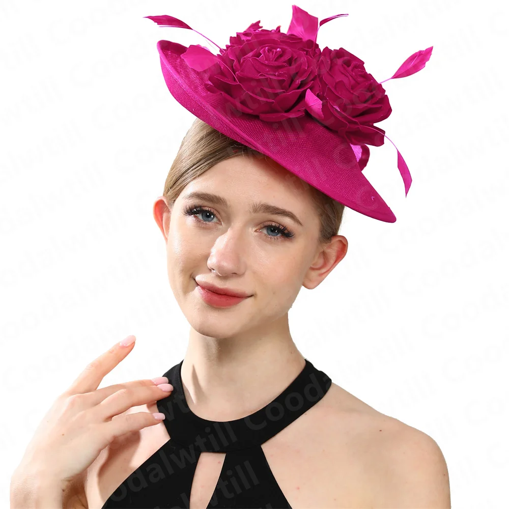 Hot Pink Hair Fascinator Wedding Hat Women Elegant Ladies Party Dinner Headpiece Cocktail Race Chapeau Cap With Headband Bride