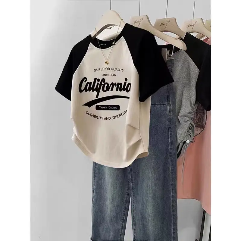 تي شيرت نسائي بأكمام قصيرة وياقة مستديرة بألوان متباينة، تصميم ضيق بطراز أمريكي عتيق، أزياء عصرية رائجة للشارع #5