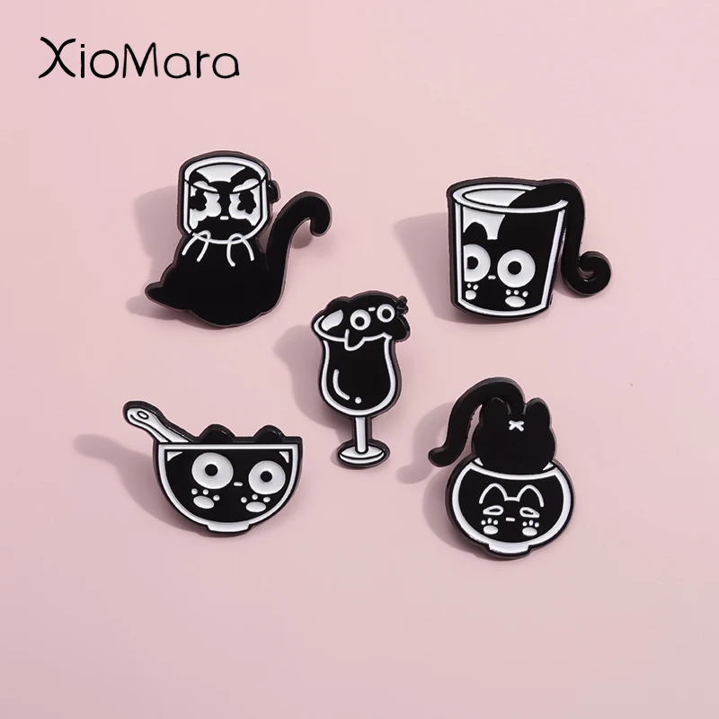 Cutlery Cup Cat Enamel Pins Custom Gothic Mischievous Kitten Terrarium Badges Funy Animal Party Jewelry Gift For Kids Friends