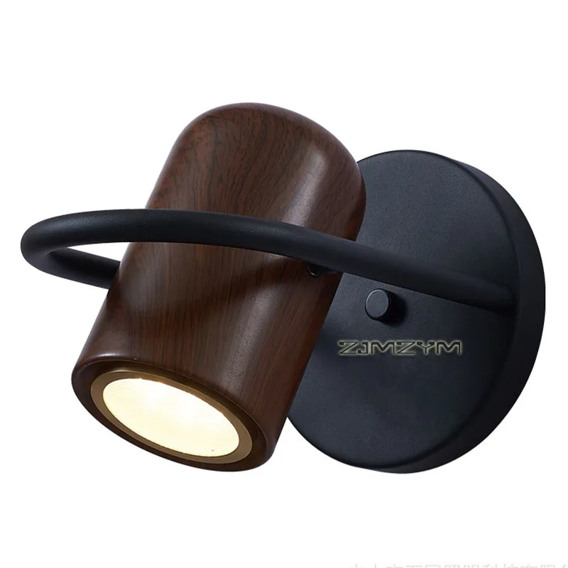 360° Rotatable Walnut Wood Grain LED Reading Wall Lamp with Built-in Switch Bedside Wall Light for Bedroom Hallway
