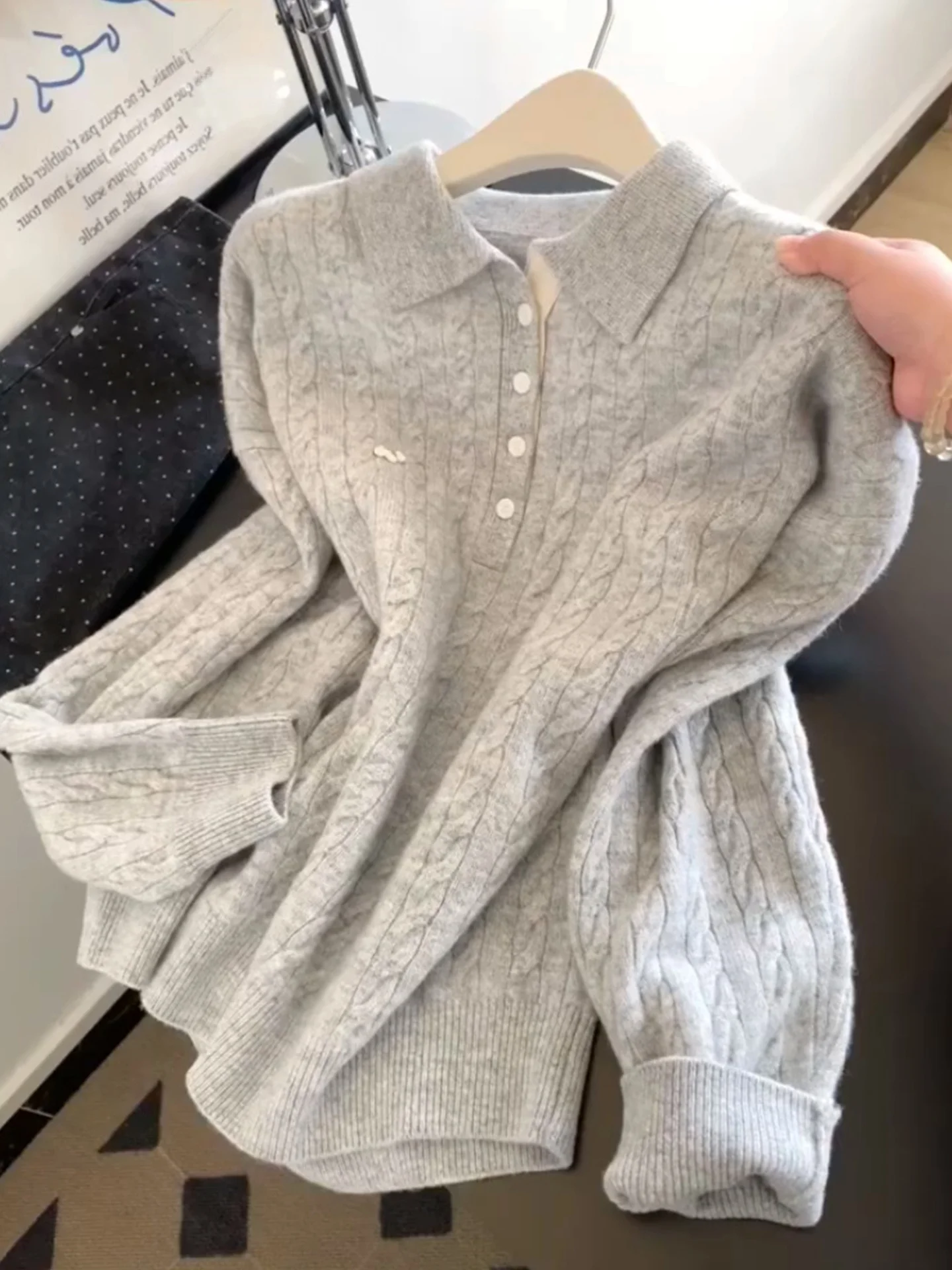 

Chic Knitted Sweater with Twist Long Sve Commute Sle Korean Faion Comfortable Slimming Top Lazy Faion Winter Wear