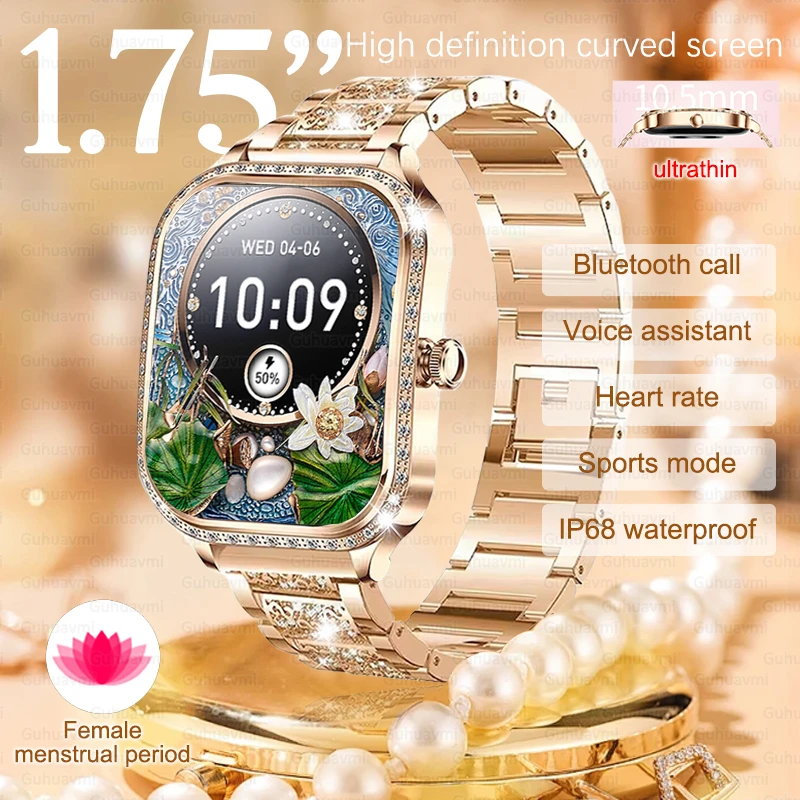 

1,75 дюйма Bluetooth Call Smartwatch женские AMOLED HD изогнутый экран сердечного ритма водонепроницаемые умные часы 2025 новинка