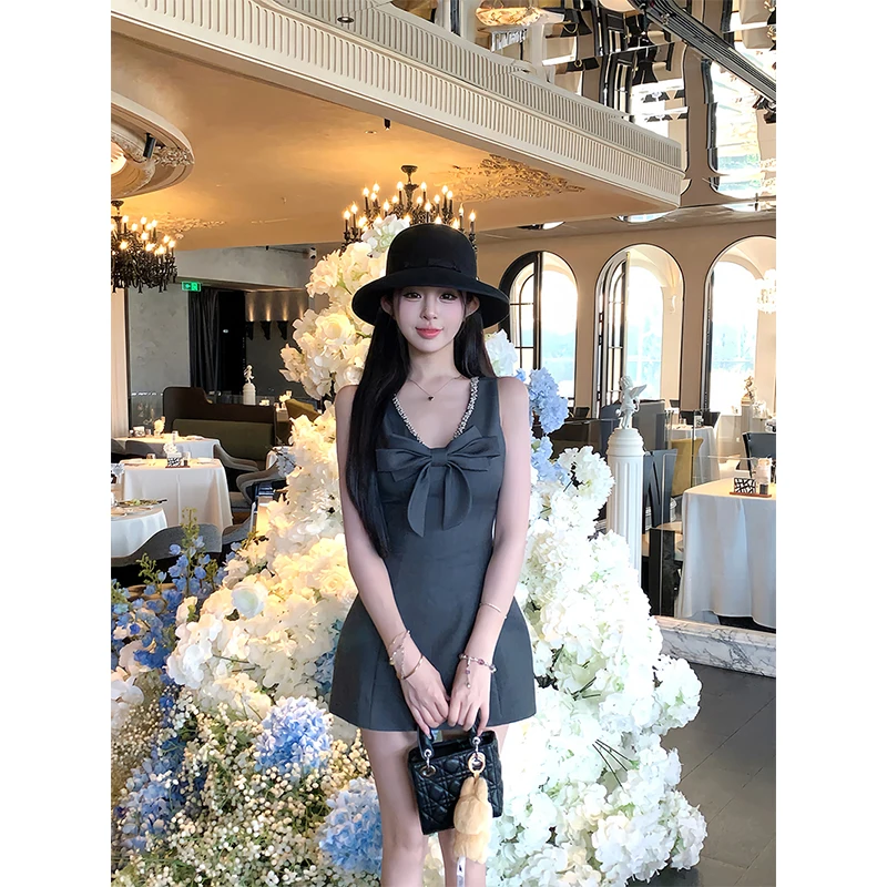 MEXZT Elegant Bow Mini Dress Women Party Beading Patchwork Sleeveless Dresses Summer Vintage Sexy V Neck Bodycon Design Vestidos